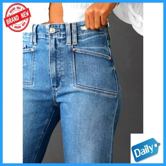 High Waist Wide Leg Stretch Jeans Straight Fit Five Pocket Denim Pants - Picture 4 of 6